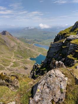 view down towards lakes from edge of mountain