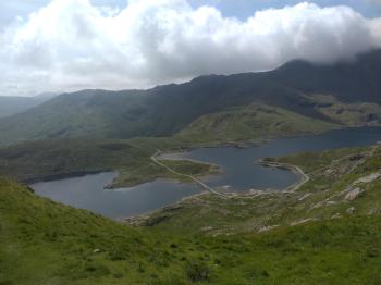view down to mountain lakes